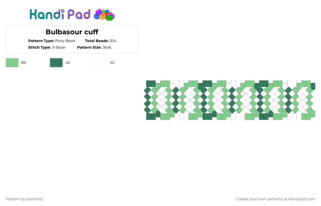 Bulbasaur themed x-base cuff - Pony Bead Pattern by arsen042 on Kandi Pad - teal,white