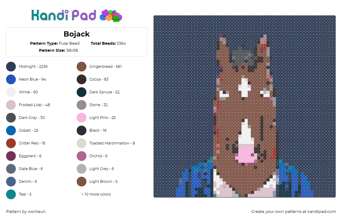 Bojack - Fuse Bead Pattern by wontaun on Kandi Pad - bojack horseman,horse,tv show,character,portrait,brown,blue