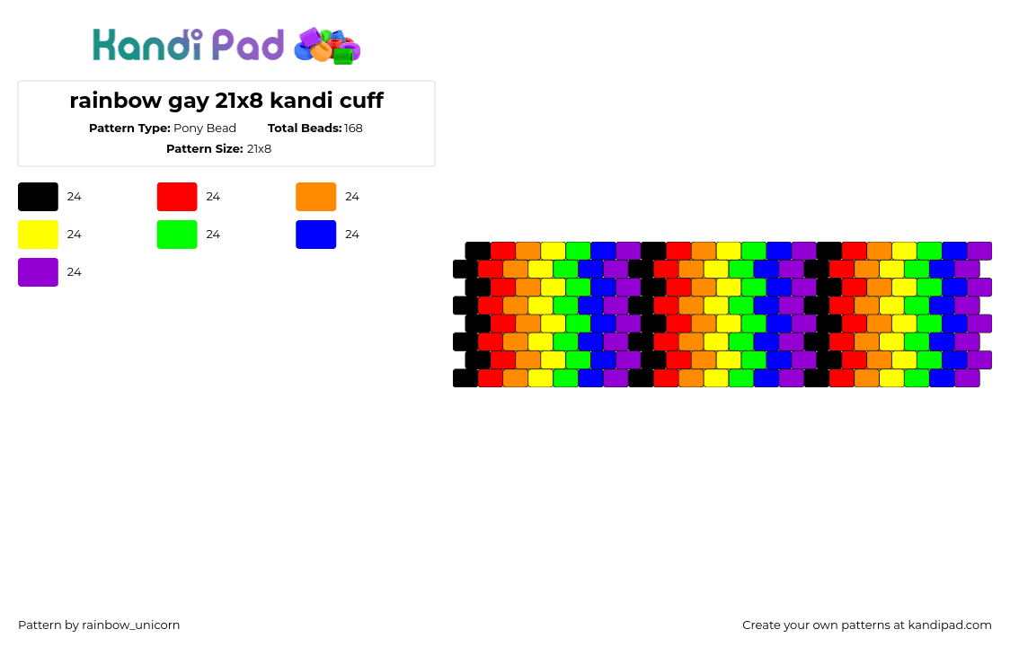 rainbow gay 21x8 kandi cuff - Pony Bead Pattern by rainbow_unicorn on Kandi Pad - rainbow,vertical,colorful,cuff