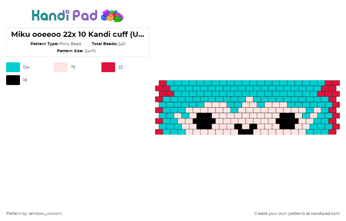 Miku ooeeoo 24x10 kandi cuff - Pony Bead Pattern by rainbow_unicorn on Kandi Pad - hatsune miku,vocaloid,cuff,music,pink,teal