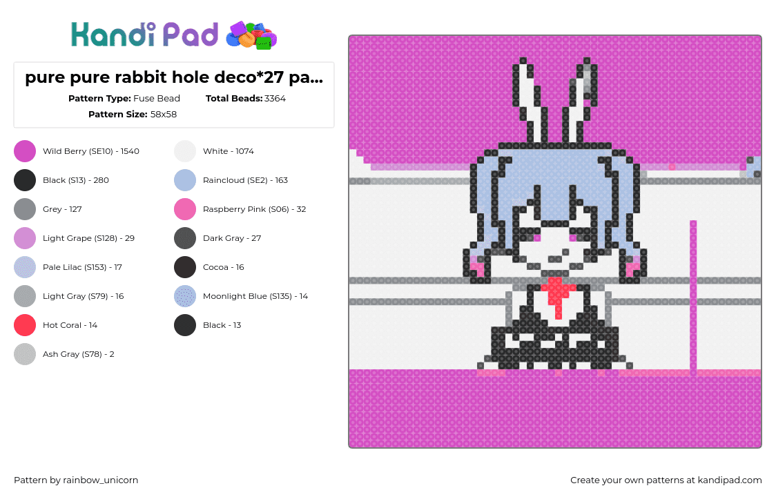 pure pure rabbit hole deco*27 pattern in progress - Fuse Bead Pattern by rainbow_unicorn on Kandi Pad - purepure,rabbit hole,deco27,song,music,vocaloid,white,pink