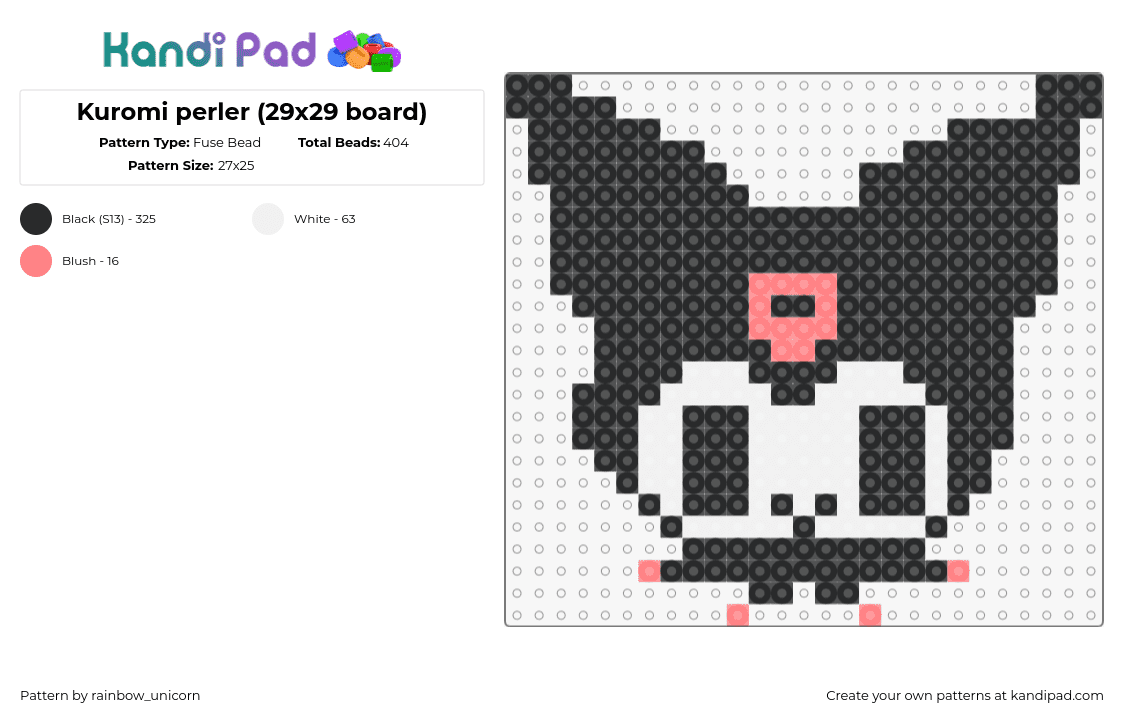 Kuromi perler (29x29 board) - Fuse Bead Pattern by rainbow_unicorn on Kandi Pad - kuromi,sanrio,head,character,kawaii,black,white