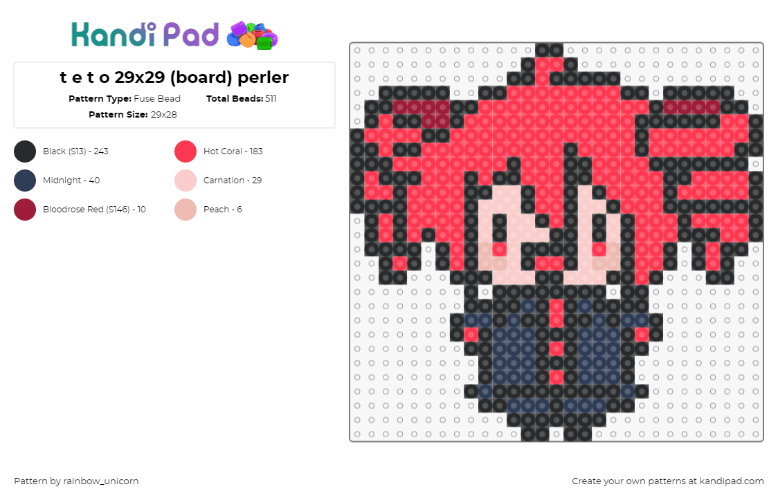 t e t o 29x29 (board) perler - Fuse Bead Pattern by rainbow_unicorn on Kandi Pad - kasane teto,vocaloid,chibi,character,music,pink,blue