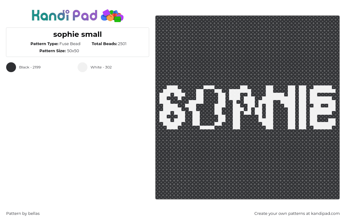 sophie small - Fuse Bead Pattern by bellas on Kandi Pad - sophie,name,text,sign,black,white