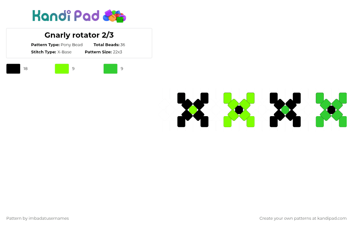 Gnarly rotator 2/3 - Pony Bead Pattern by imbadatusernames on Kandi Pad - black,green,katseye,gnarly,xbase,rotator