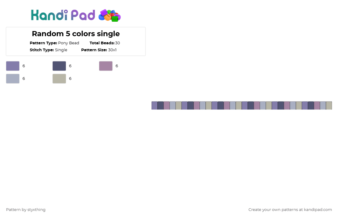 Random 5 colors single - Pony Bead Pattern by styxthing on Kandi Pad - gray,random,purple,single,pink