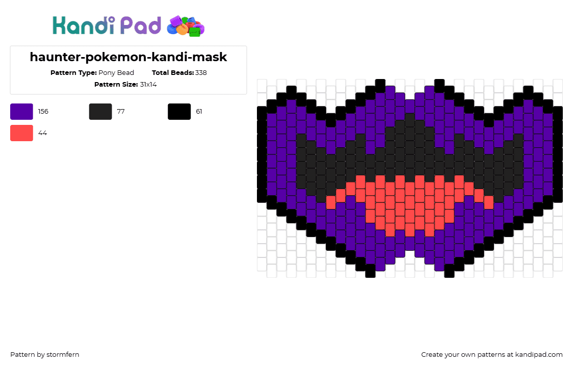 haunter-pokemon-kandi-mask - Pony Bead Pattern by stormfern on Kandi Pad - haunter,pokemon,gaming,mask,mouth,tongue,purple,red