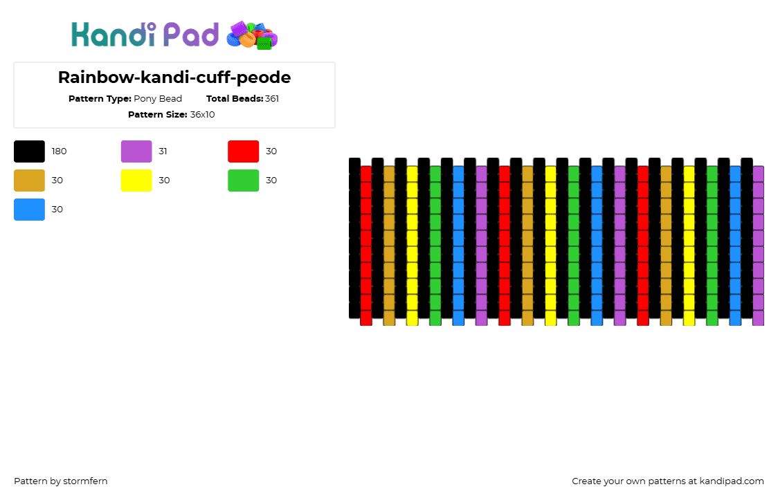 Rainbow-kandi-cuff-peyode - Pony Bead Pattern by stormfern on Kandi Pad - rainbow,vertical,stripes,dark,cuff,black