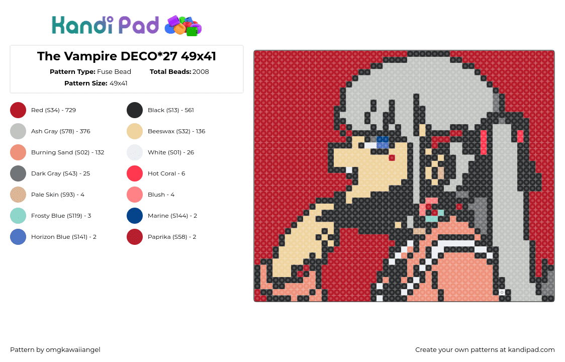 The Vampire DECO*27 49x41 - Fuse Bead Pattern by omgkawaiiangel on Kandi Pad - the vampire,deco27,song,music,vocaloid,gray,pink