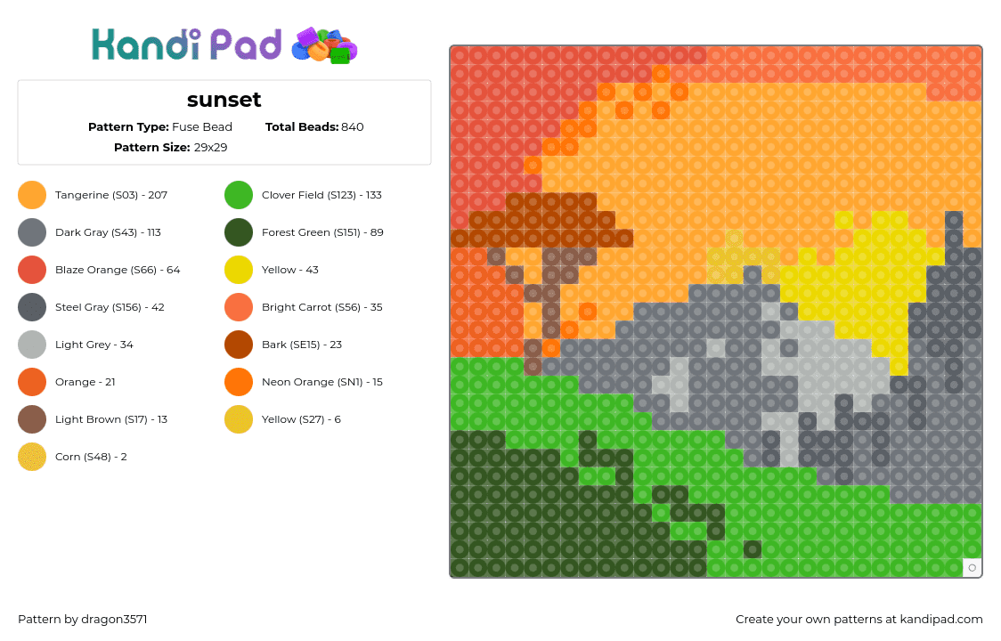 sunset - Fuse Bead Pattern by dragon3571 on Kandi Pad - landscape,sunset,mountains,hill,grass,orange,green,gray