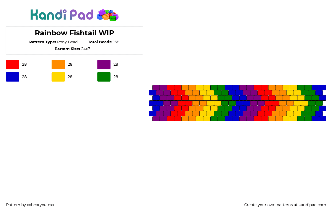 Rainbow Fishtail WIP - Pony Bead Pattern by xxbearycutexx on Kandi Pad - chevron,arrows,rainbow,cuff