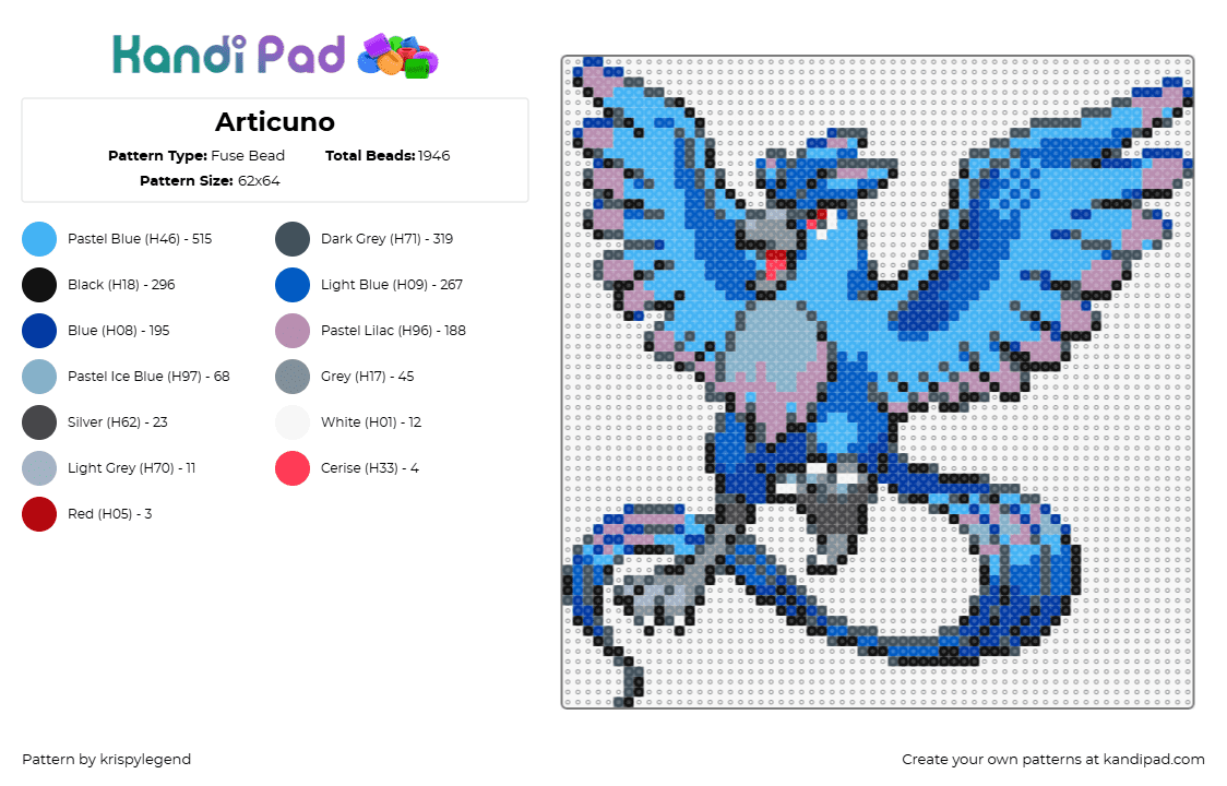 Articuno - Fuse Bead Pattern by krispylegend on Kandi Pad - articuno,pokemon,character,video game,blue