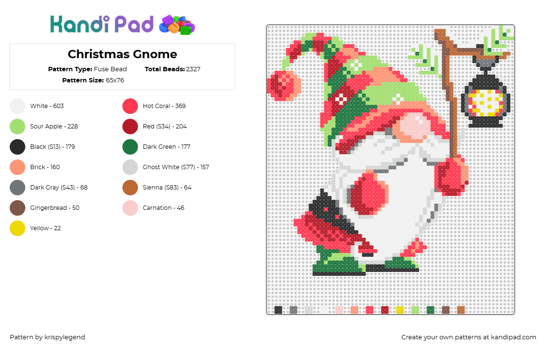 Christmas Gnome - Fuse Bead Pattern by krispylegend on Kandi Pad - gnome,christmas,festive,character,cute,beard,lantern,hat,white,red,green