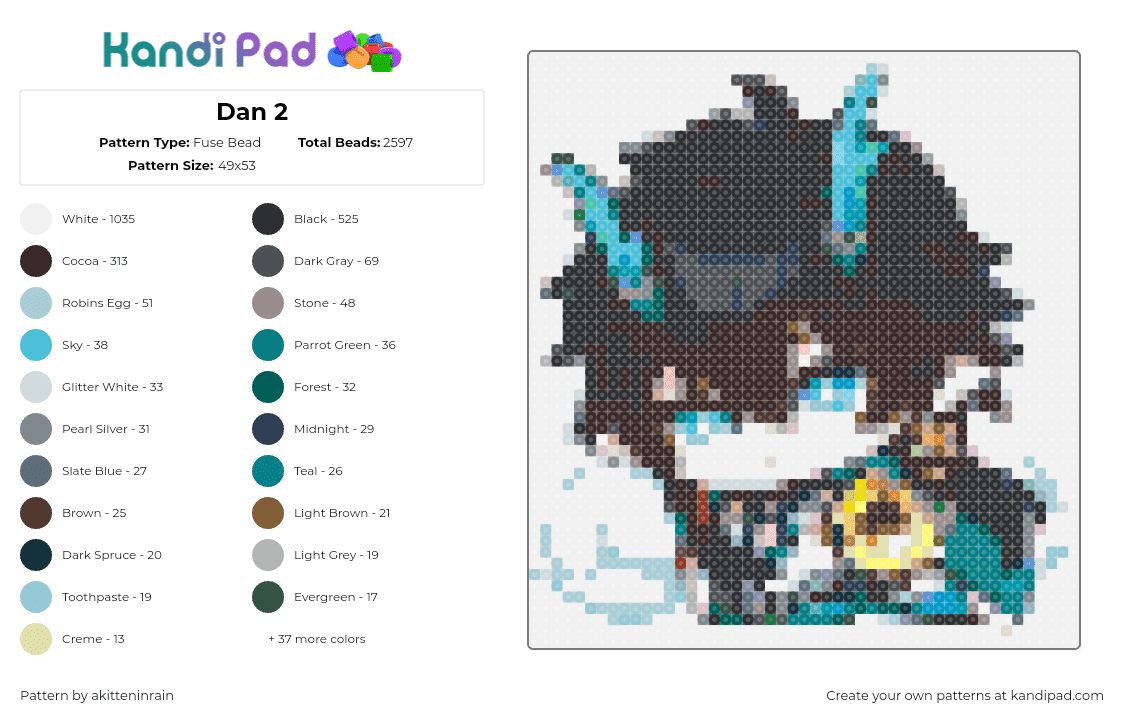 Dan 2 - Fuse Bead Pattern by akitteninrain on Kandi Pad - dan,chibi,anime,character,black,teal