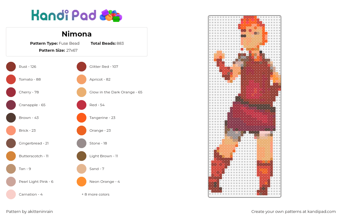 Nimona - Fuse Bead Pattern by akitteninrain on Kandi Pad - nimona,netflix,character,movie,animation,red,tan,orange