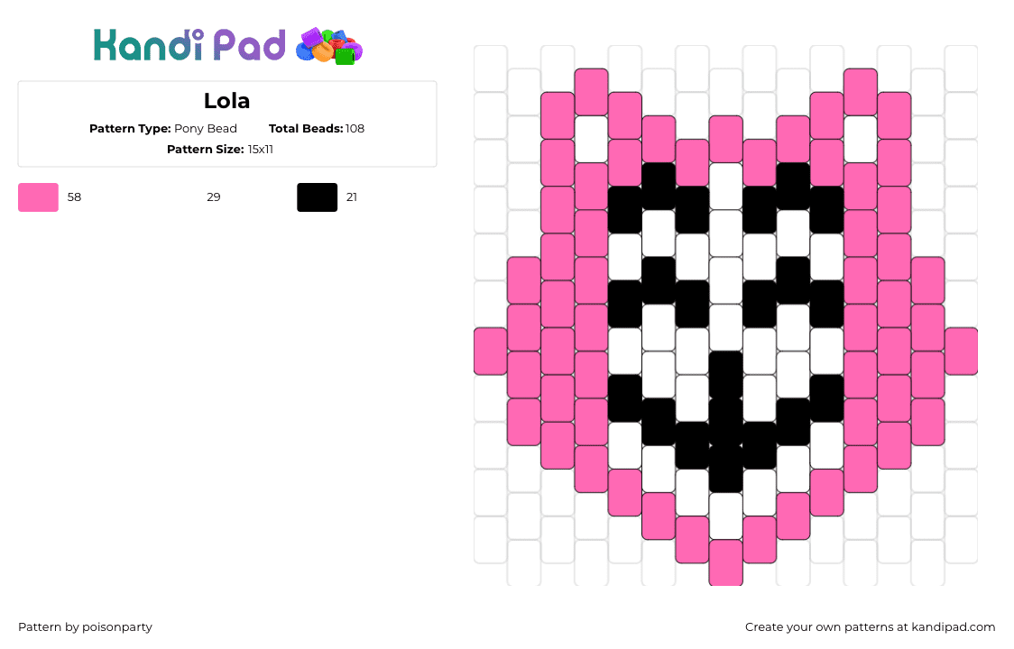 Lola - Pony Bead Pattern by poisonparty on Kandi Pad - lola,head,smile,pink,white,black