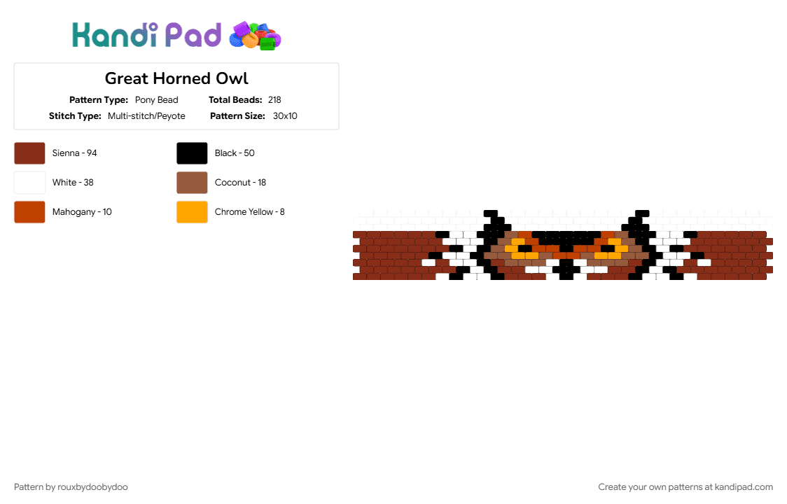 Great Horned Owl - Pony Bead Pattern by rouxbydoobydoo on Kandi Pad - animal, great horned owl, owl, owl face, peyote cuff, red
