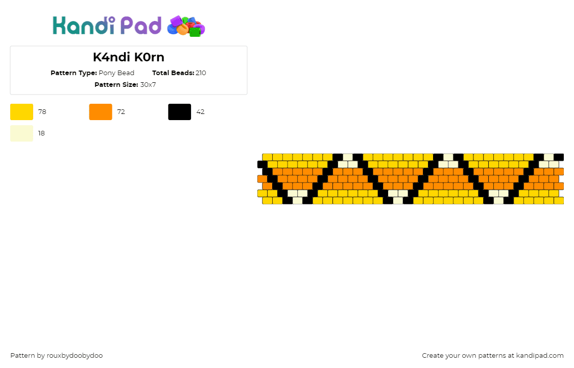 K4ndi K0rn - Pony Bead Pattern by rouxbydoobydoo on Kandi Pad - candy corn,repeating,geometric,halloween,treat,cuff,orange,yellow