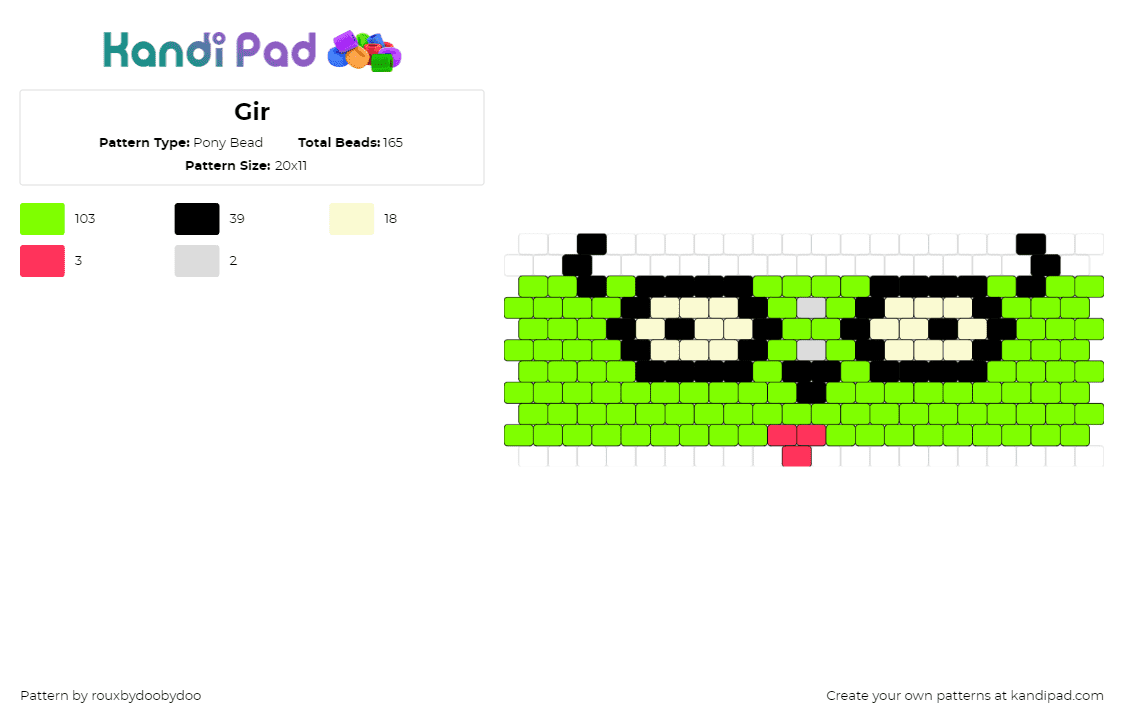 Gir - Pony Bead Pattern by rouxbydoobydoo on Kandi Pad - gir,invader zim,tongue,derpy,tv show,cartoon,character,cuff,green