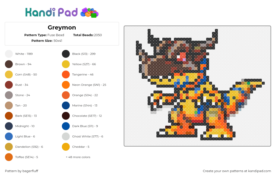 Greymon - Fuse Bead Pattern by bagerfluff on Kandi Pad - greymon,digimon,character,gaming,dinosaur,orange,brown