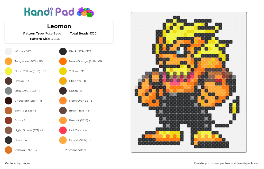 Leomon - Fuse Bead Pattern by bagerfluff on Kandi Pad - leomon,digimon,lion,gaming,character,orange,black,yellow