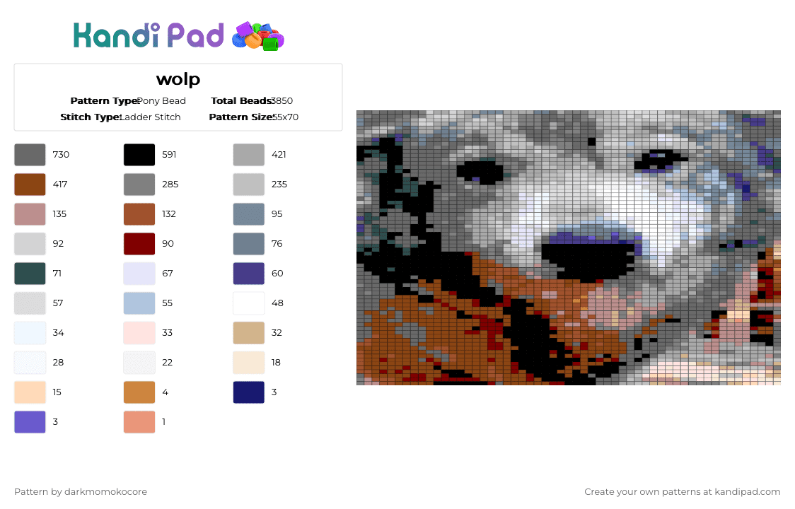 wolp - Pony Bead Pattern by darkmomokocore on Kandi Pad - wolf,wolp,sasha the wolf dog,dog,wolf dog,sasha,canine,wolfdog