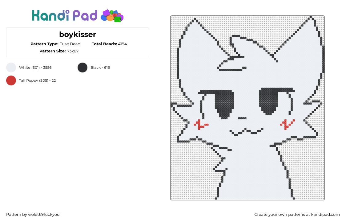 boykisser - Fuse Bead Pattern by violet69fuckyou on Kandi Pad - boykisser,almost nice,character,song,music,white,black