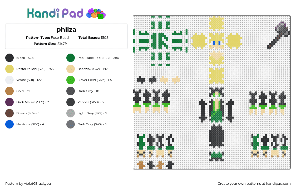 philza - Fuse Bead Pattern by violet69fuckyou on Kandi Pad - philza,3d,youtube,streamer,minecraft,video game,green,yellow