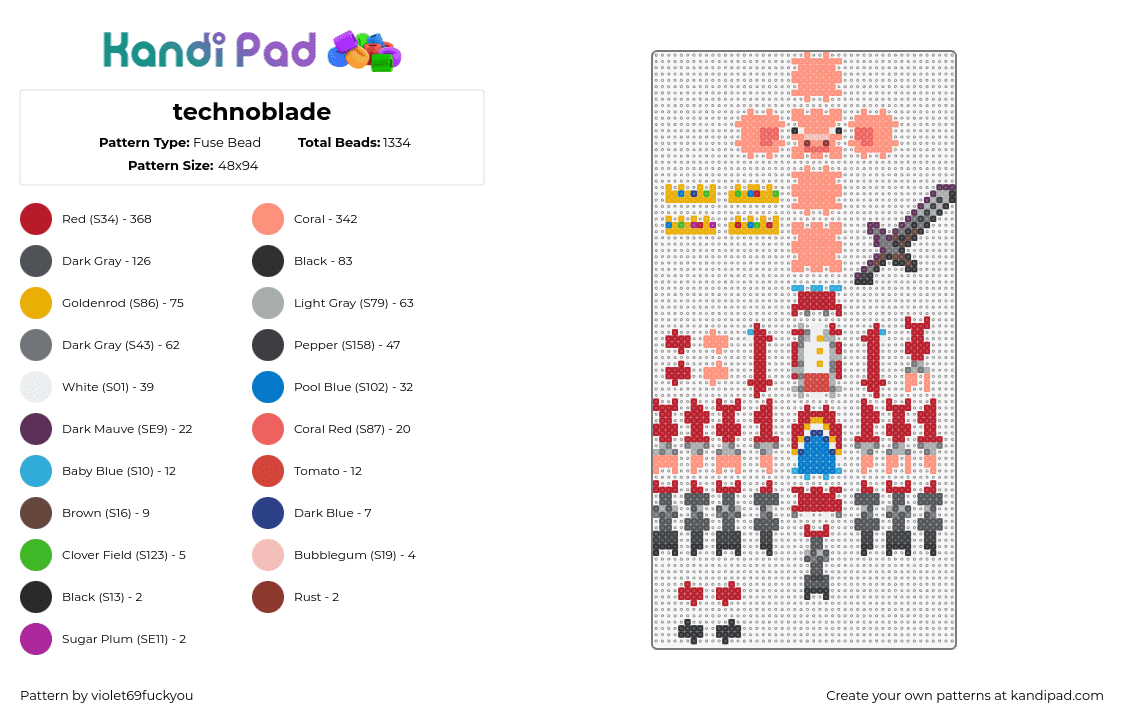 technoblade - Fuse Bead Pattern by violet69fuckyou on Kandi Pad - technoblade,3d,youtube,streamer,minecraft,video games,pig,pink,red,gray