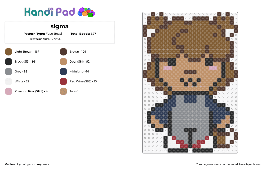 sigma - Fuse Bead Pattern by babymonkeyman on Kandi Pad - kawaii,character,omori,chibi,brown,tan,gray