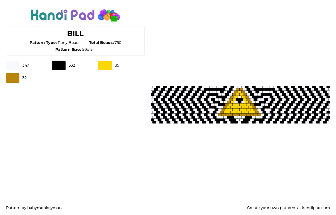 BILL - Pony Bead Pattern by babymonkeyman on Kandi Pad - bill cipher,gravity falls,trippy,character,tv show,cuff,stripes,black,white,yellow