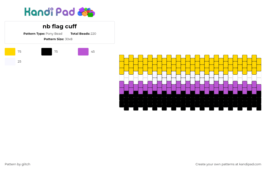 nb flag cuff - Pony Bead Pattern by glitch on Kandi Pad - nonbinary,pride,cuff,yellow,purple,black