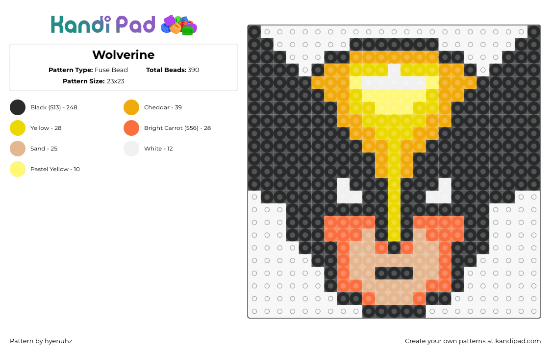 Wolverine - Fuse Bead Pattern by hyenuhz on Kandi Pad - wolverine,xmen,superhero,marvel,comic,head,character,black,yellow,tan,orange