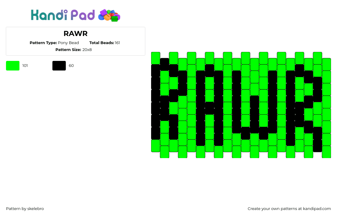 RAWR - Pony Bead Pattern by skelebro on Kandi Pad - rawr,text,scene,cuff,black,green