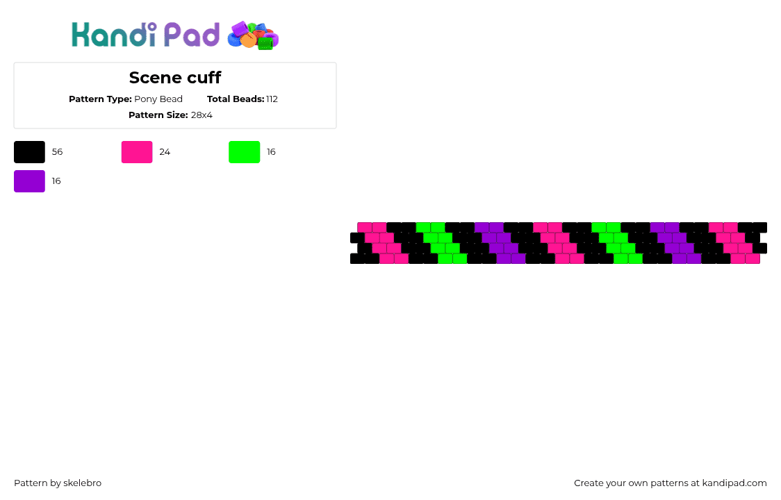 Scene cuff - Pony Bead Pattern by skelebro on Kandi Pad - pink,scene,neon,rave,green,black,purple,cuff