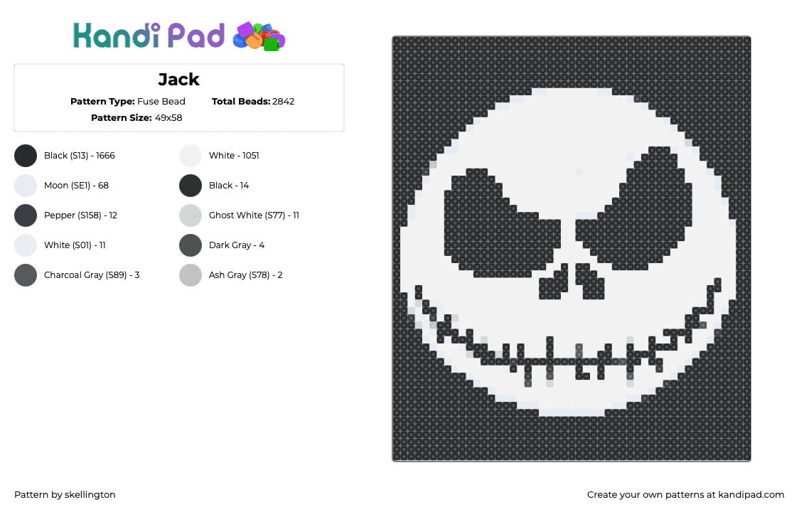 Jack - Fuse Bead Pattern by skellington on Kandi Pad - jack skellington,nightmare before christmas,tim burton,character,head,spooky,halloween,skull,white,black