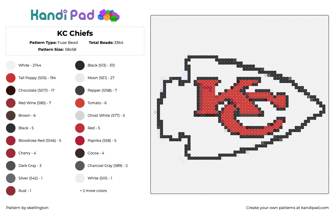 KC Chiefs - Fuse Bead Pattern by skellington on Kandi Pad - chiefs,kansas city,arrowhead,football,logo,sports,team,red,white