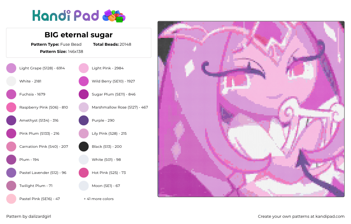 BIG eternal sugar - Fuse Bead Pattern by dalizardgirl on Kandi Pad - eternal sugar cookie,cookie run,portrait,video game,pink