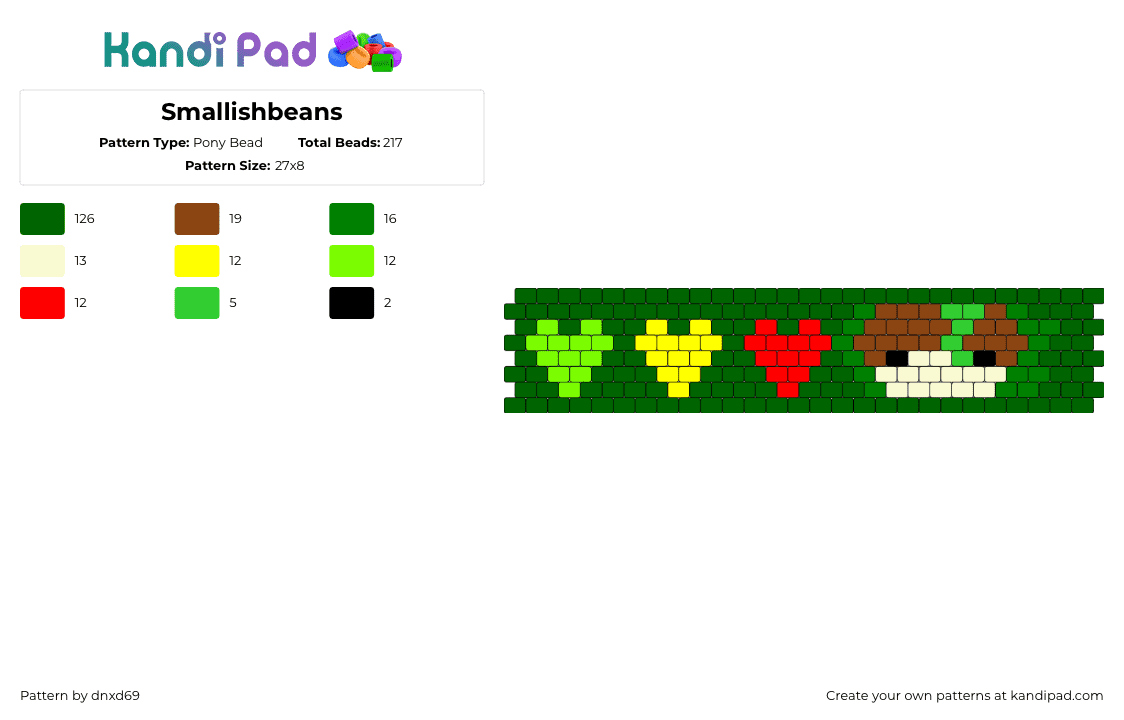 Smallishbeans - Pony Bead Pattern by dnxd69 on Kandi Pad - smallishbeans,youtuber,streamer,hearts,cuff,green,yellow,red,brown