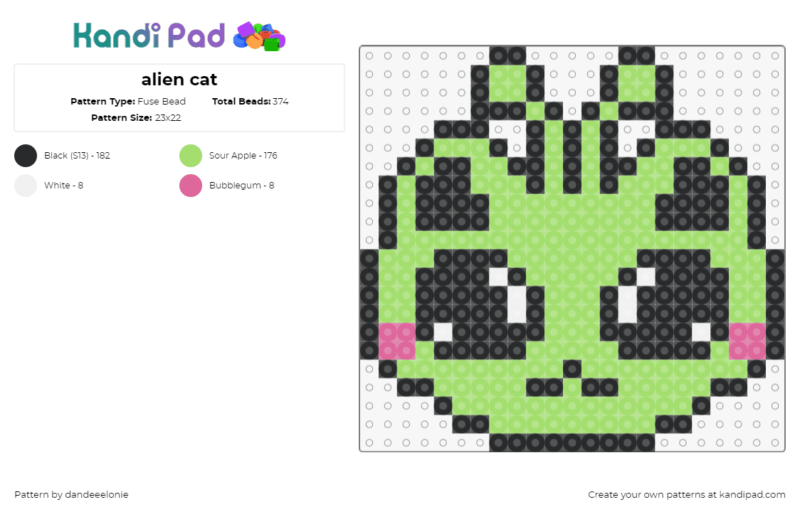 alien cat - Fuse Bead Pattern by dandeeelonie on Kandi Pad - cat,alien,cute,antennae,space,green,black