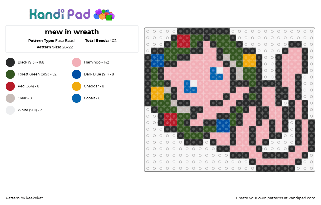 mew in wreath - Fuse Bead Pattern by keekekat on Kandi Pad - mew,wreath,christmas,pokemon,character,gaming,cute,holiday,pink,green