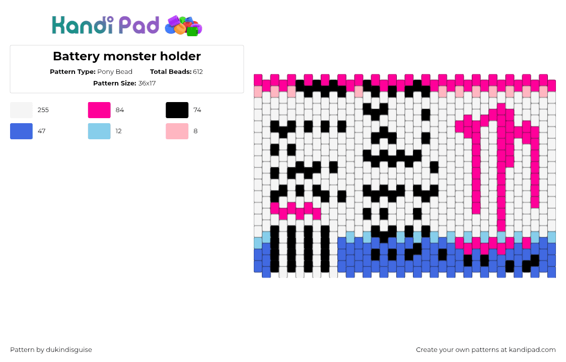 Battery monster holder - Pony Bead Pattern by dukindisguise on Kandi Pad - white,pink,blue,monster,bag,battery acid