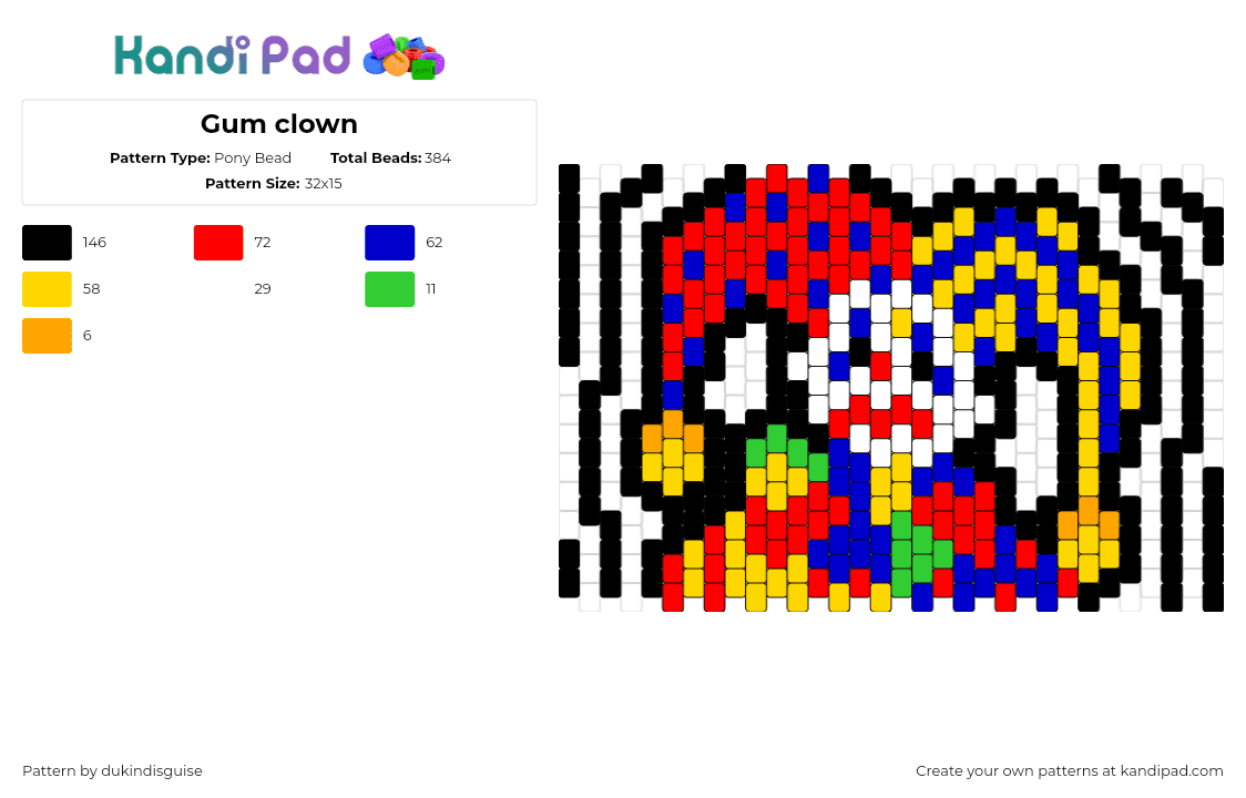 Gum clown - Pony Bead Pattern by dukindisguise on Kandi Pad - clown,jester,colorful,party,panel,red,yellow,white,blue