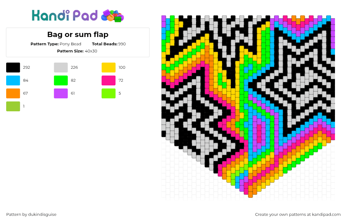 Bag or sum flap - Pony Bead Pattern by dukindisguise on Kandi Pad - light blue,pink,green,yellow