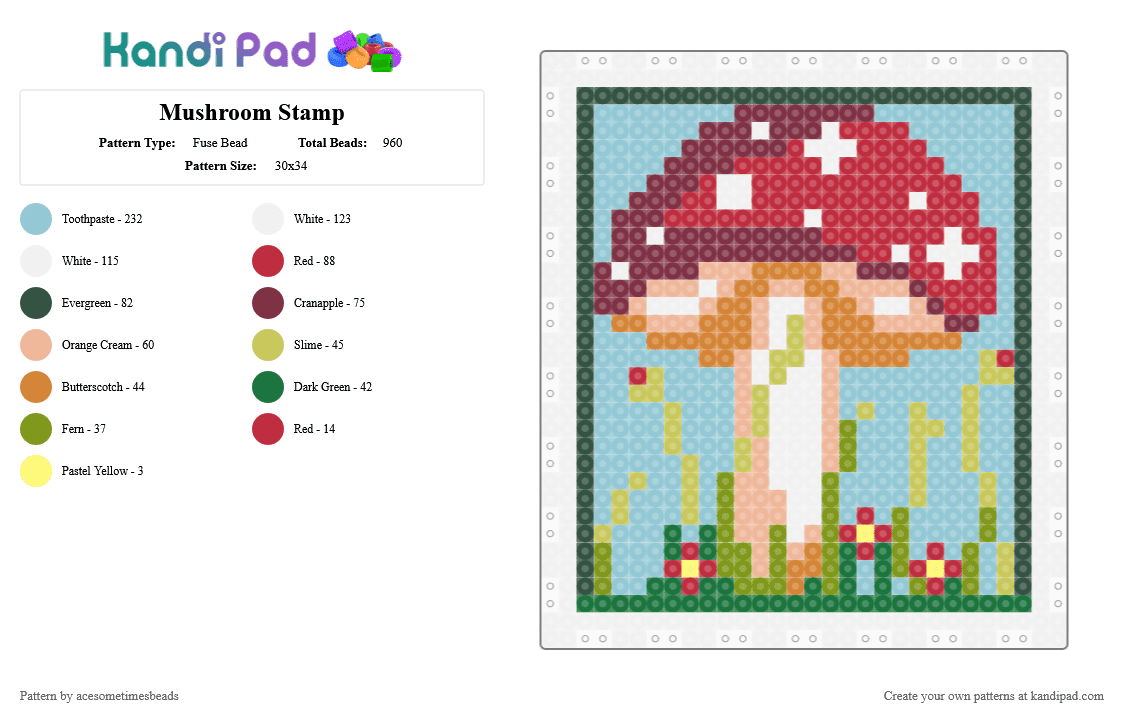 Mushroom Stamp - Fuse Bead Pattern by acesometimesbeads on Kandi Pad - brown, colorful, flower, green, mushroom, nature, stamp