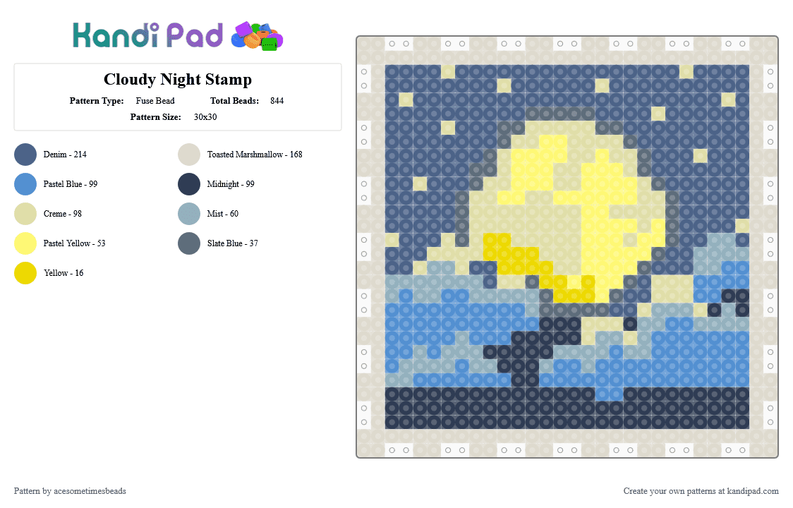 Cloudy Night Stamp - Fuse Bead Pattern by acesometimesbeads on Kandi Pad - beige,blue,yellow,light blue,stamp,moon,night sky
