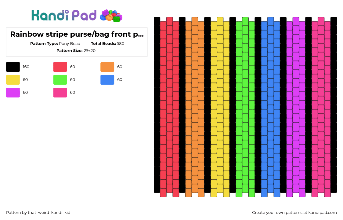 Rainbow stripe purse/bag front and back panel - Pony Bead Pattern by that_weird_kandi_kid on Kandi Pad - rainbow,vertical,stripes,bag,panel,colorful,pink,green,orange