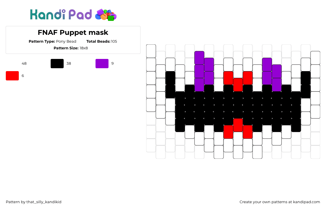 FNAF Puppet mask - Pony Bead Pattern by that_silly_kandikid on Kandi Pad - puppet,fnaf,five nights at freddys,horror,video game,mask,mouth,white,black,purple