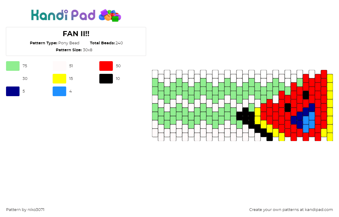 FAN II!! - Pony Bead Pattern by niko3071 on Kandi Pad - fan,inanimate insanity,tv show,animation,cuff,happy,red,green