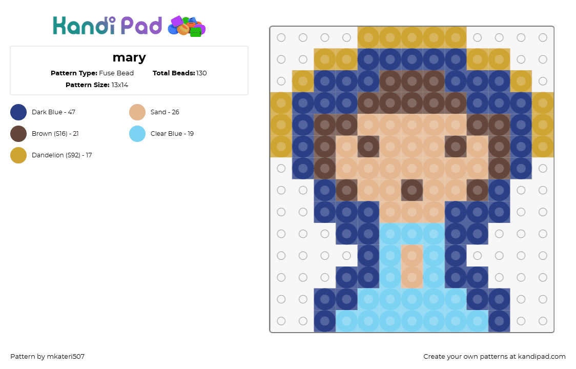 mary - Fuse Bead Pattern by mkateri507 on Kandi Pad - mary,religion,christianity,simple,blue,light blue,tan